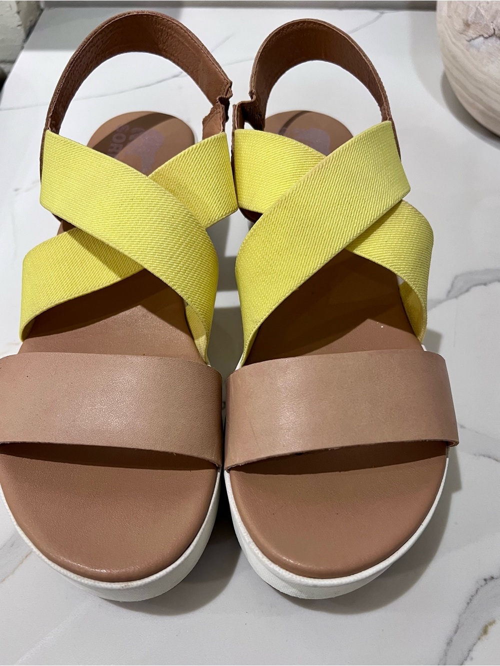 Sorel Cameron Platform Slingback Sandals Yellow Nude Leather Size 10 - Picture 2 of 6
